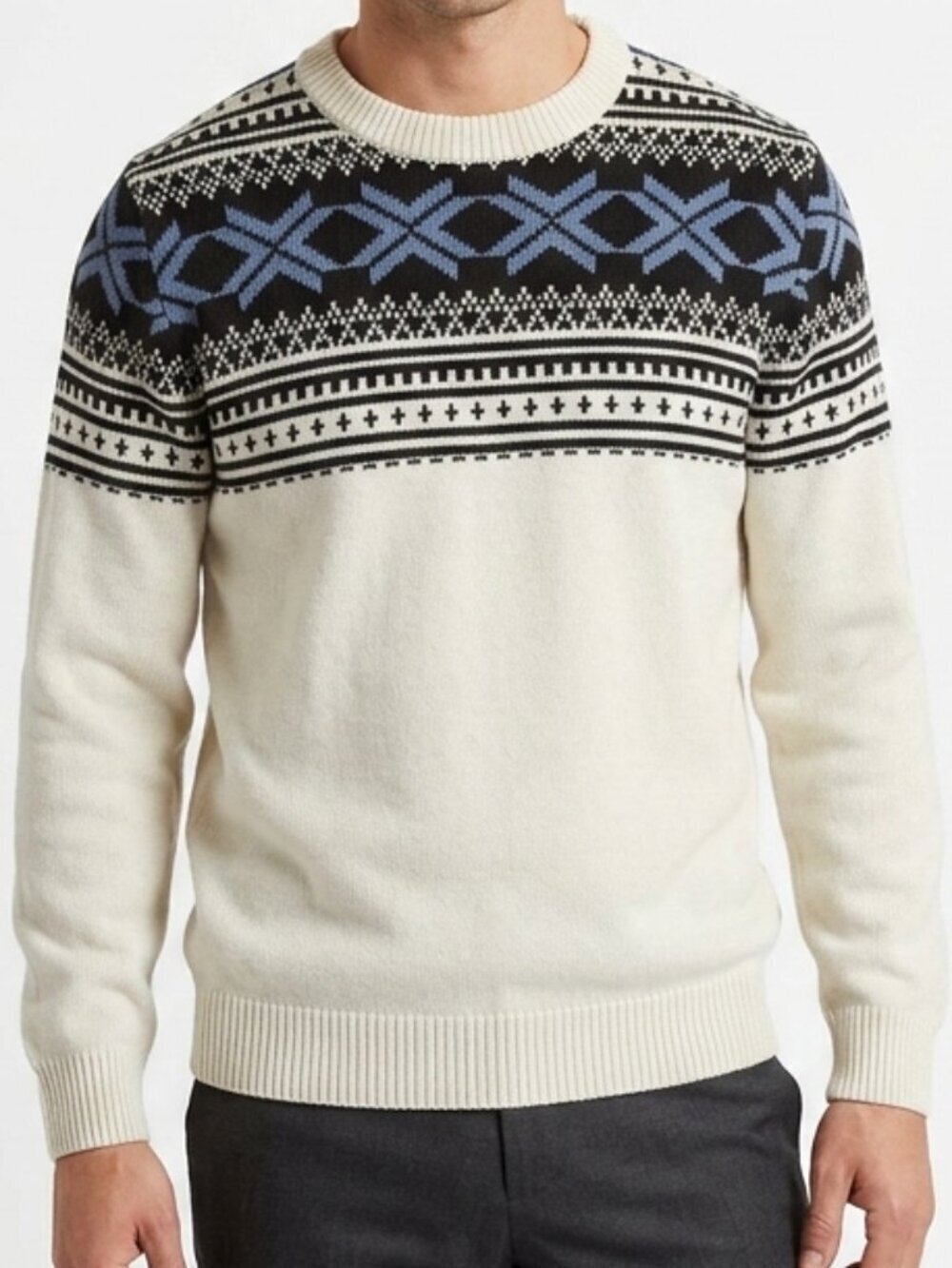 Vintage 80s Nordic Fair Isle Cotton Sweater Retro White XL